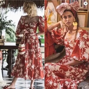 Johanna‎ Ortiz Tiered Midi Dress Womens Size 0 Red Cream Floral Puff Sleeve